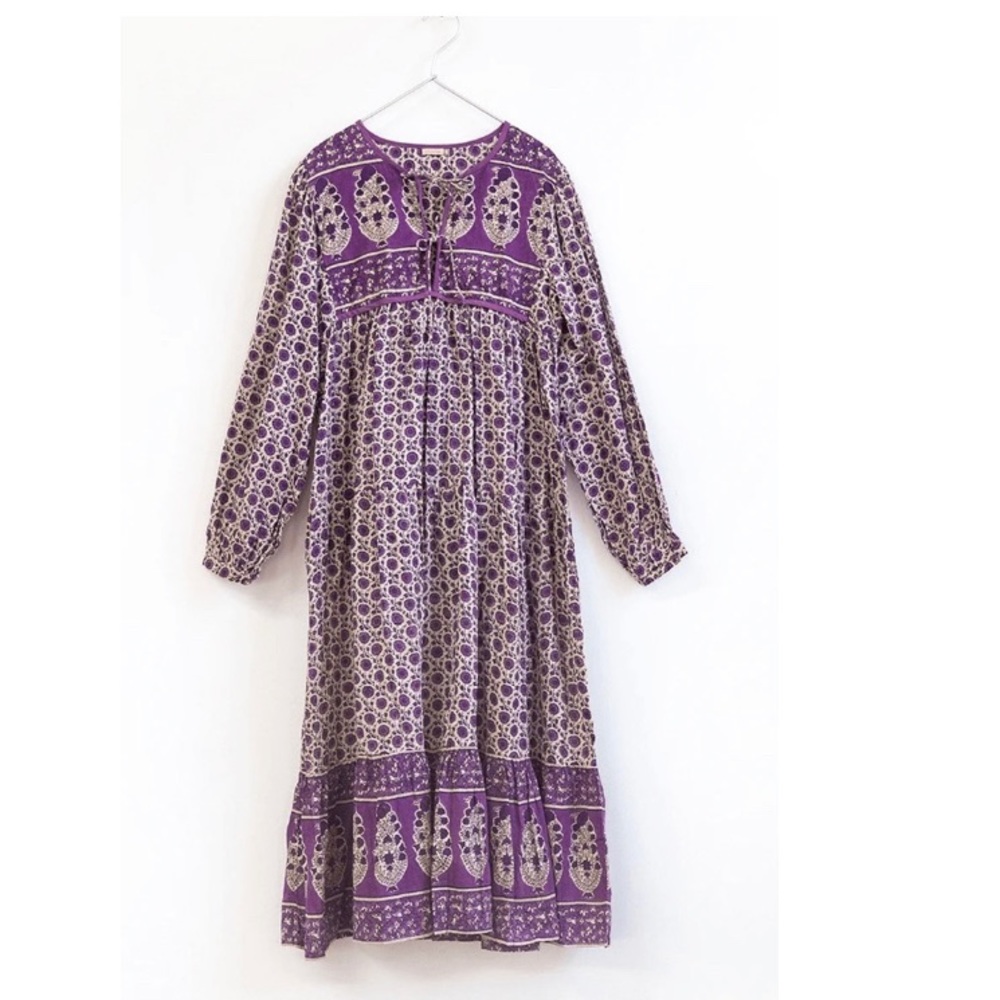 Matta Purple and Cream Long Sleeve Boho Midi Dress